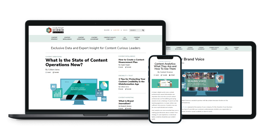 Devices showing the new look Content Science Review site